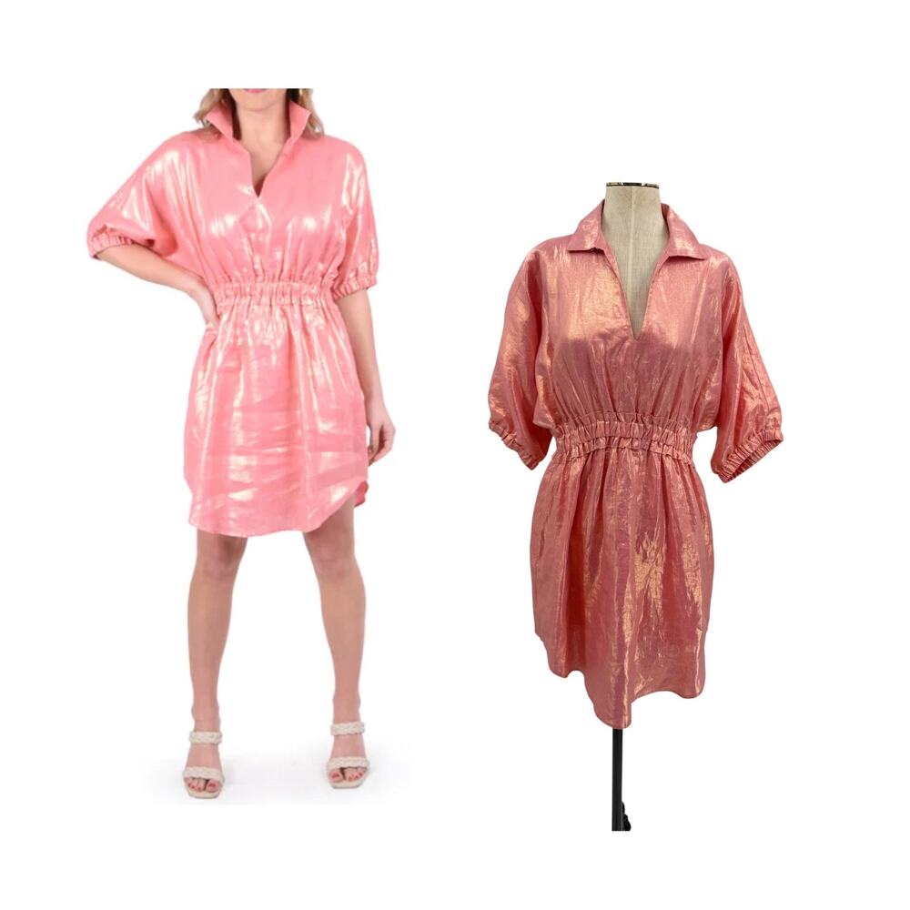 Emily McCarthy Palmer Dress Metallic Pink Linen Puff Sleeve Mini Dress Large